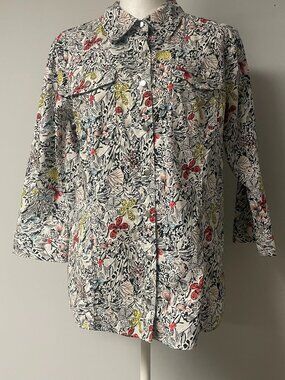 Christopher&Banks Womens Med Butterfly Floral Print Top Cotton Button Down